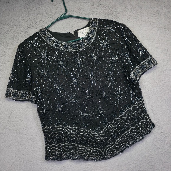 Adrianna Papell Tops - Vintage Papell Boutique Evening Top Womens L Black Silk Beaded Formal Glam Party